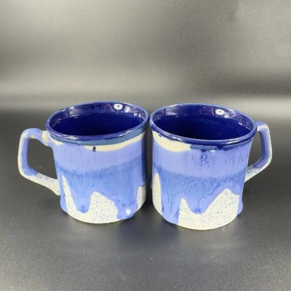 Vintage 1980s Blue Drip‎ Glaze Pottery Coffee Mug Cup Set 2 Hand Made Stoneware